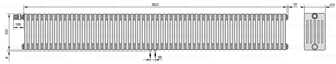 Схема (чертеж) Радиатор Zehnder Charleston 6055/57 №V007 Белый глянцевый RAL 9016